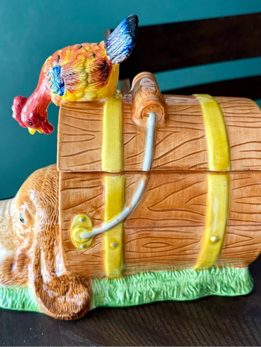 Vintage CKAO Ceramic Farmhouse Cookie Jar Dog in Wooden Barrel with Rooster Lid